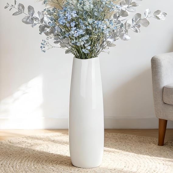 White Tall Ceramic Floor Vase, 24 Inch, Oval Design, Large Decor