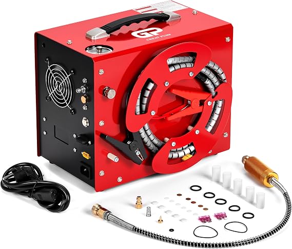 TUXING 4500Psi Pcp Air Compressor,Auto Stop,Built-in Converter/Water-Oil Filter,Unique Vertical+Wire Spool Portable Design,110V AC or 12V Car Battery for Paintball/Scuba Tank