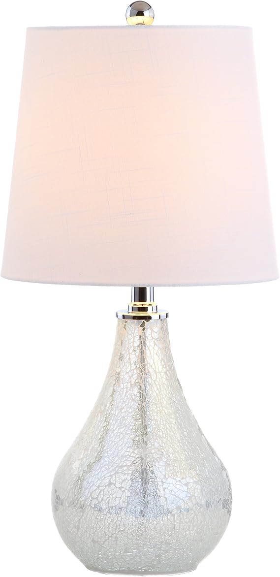 JONATHAN Y Mona Coastal Mini LED Table Lamp 20" Bedside, Mosaic White | Linen Tapered Drum Shade, Glass Body, On-Off Rotary Switch, LED Bulb Included