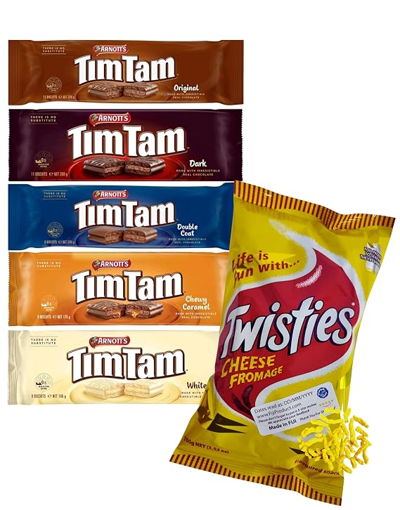 Combo Packs - Tim Tam Chocolate Biscuits Assortment Packs - 1 Original, 1 Dark, 1 Double Coat, 1 Chewy Caramel, 1 White, 1 Twisties Cheese Snack