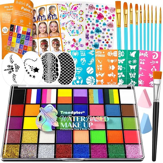 Face Painting Kit for Kids - 50 Color Pro Facepaint Palette Non-Toxic Water Activated, Complete Kit with Brush, Stencil, Sponge, for Birthday Parties, Carnival, Costume Makeup, Festivals & Events