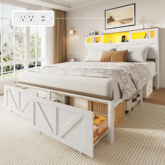 Yoobure Full Size Bed Frame with Headboard, Farmhouse Full Bed Frame, White
