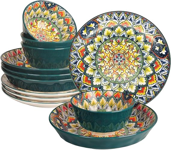 YA JU Mandala Dinnerware Sets (12 Pcs) Serves 4, Buffet Dinnerware, Boho Plates and Bowls Dish Set with 8" salad Plate 8" Dessert Plate 4.8" bowl, apply Casual dining Indoor Outdoor Dining Party