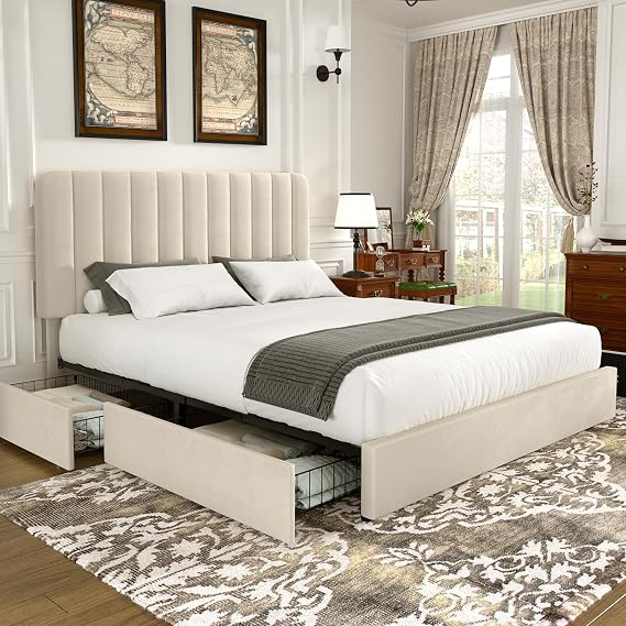 VECELO 4ft6 Double Bed Frame with 4 Storage Drawers, Velvet Upholstered Bed with Headboard, Wooden Slats Support, No Box Spring Needed, Beige