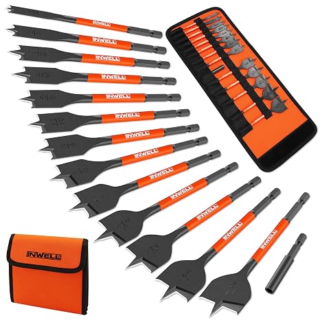 14PCS Spade Drill Bit Set, Paddle Flat Bits 1/4"1-1/2", Quick-Change Hex Shank Wood Drill Bits with Storage Pouch for Woodworking