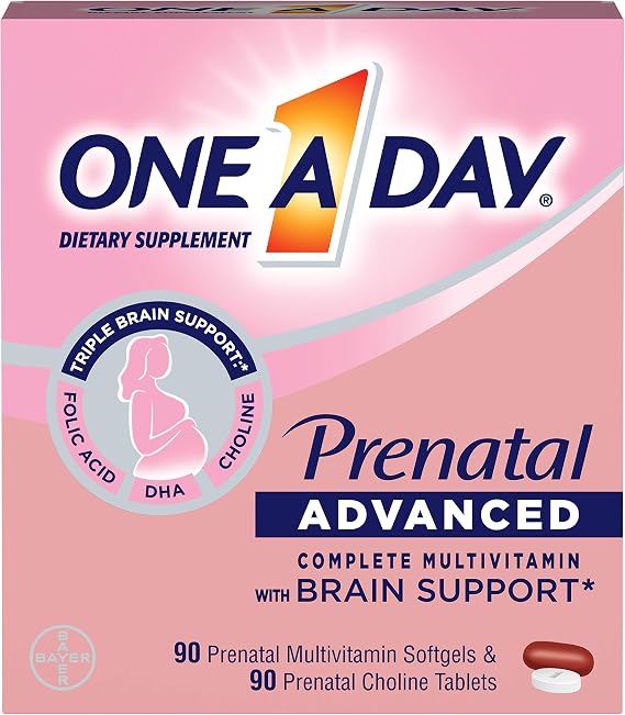 One A Day Womens Prenatal Advanced Complete Multivitamin with Brain Support* with Choline, Folic Acid, Omega-3 DHA & Iron for Pre, During and Post Pregnancy, 90+90 Count, (180 Count Total Set)