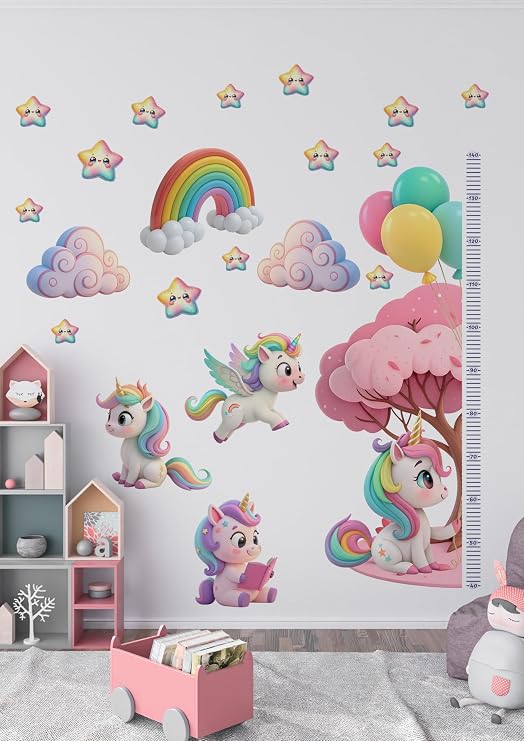 Unicorn Temalı Boy Ölçerli Duvar Sticker Seti - Çocuk Odası Duvar Dekoru, Mat PVC, Sökülebilir, Boy Ölçer