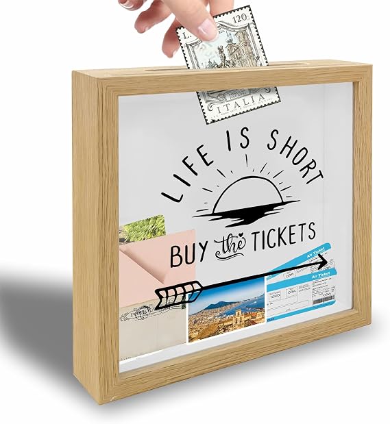 8x8 Shadow Box Frame - Decorative Sunshine Wooden Memorable Box For Saving - Life Is Short Buy The Tickets - Display Memory Cases Suitable For Tickets Pictures - Travel Vacation Keepsake Gift - A07