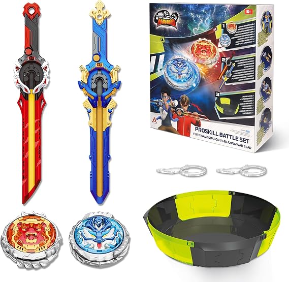 INFINITY NADO Arena Set 2 Launchers 2 Metal Glow Tops, Detachable 5+ | Detachable arena with 2 sword launchers & 2 metal glow tops. Right/left spin. Easy for beginners. Great gift for kids 5+