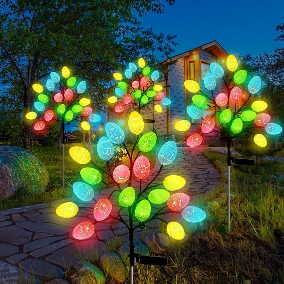 Glooglitter 4 Pack 80 LED Easter Eggs Lights Solar Powered Outdoor Decorations Waterproof Colorful Solar Stake Lights for Lawn Pathway Landscape Garden Yard Porch Patio Decor(Easter Eggs)