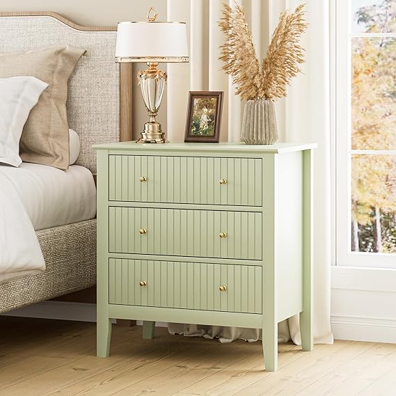 Large Bedside Table Bedroom, 3 Drawer Chest of Drawers, Bedside Cabinet With Metal Handles,for Bedroom Livingroom,Hallway,Green