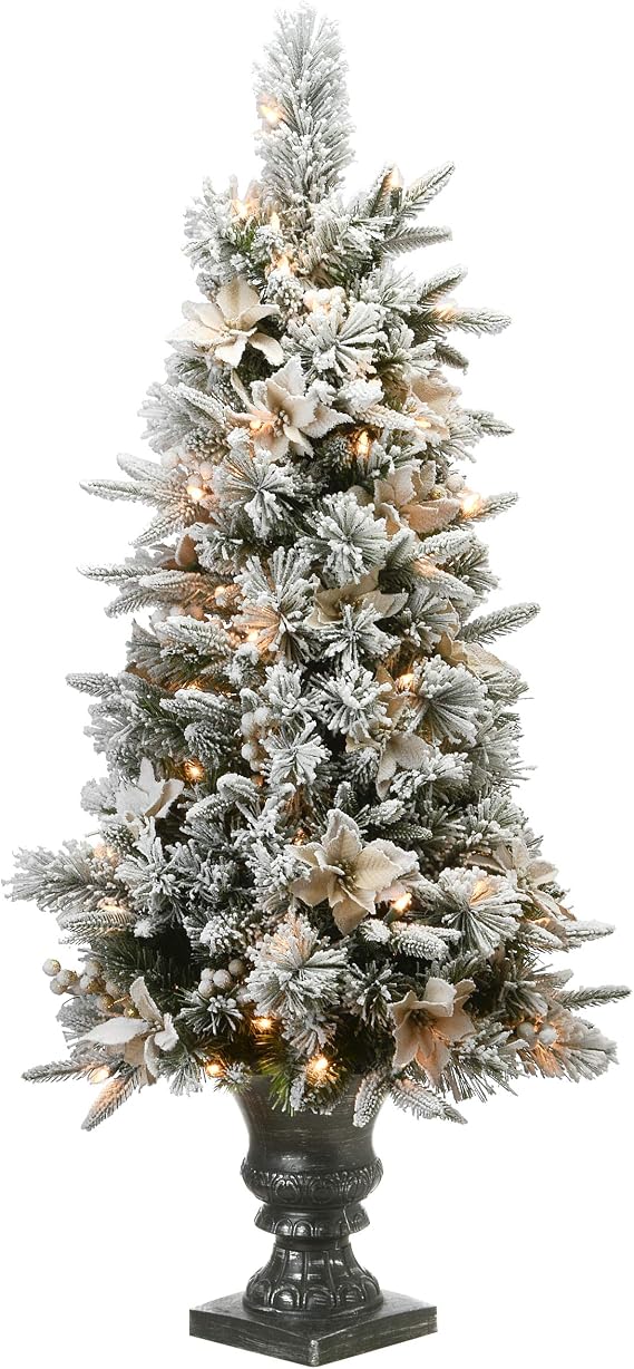 National Tree Company Pre-Lit Artificial Entrance Christmas Tree, Colonial Fir, Green, White Lights, Decorated with Flowers, Includes Metal Base, 6 Feet