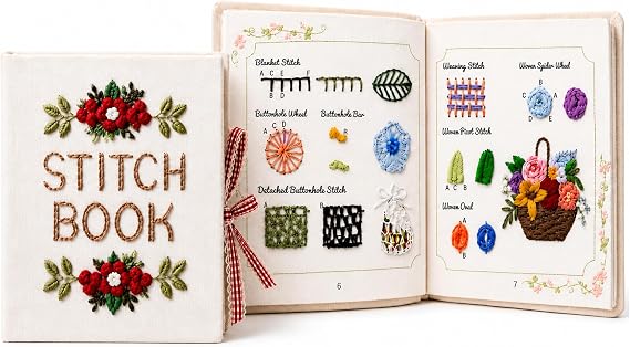 Cikeela Embroidery Stitch Book Beginner with Fabric Pages, DIY Sewing Kit with Floral Motifs, 31 Essential Stitches in Structured Learning Order for Adults, Practice Patterns EmbroideryStitch Book Kit