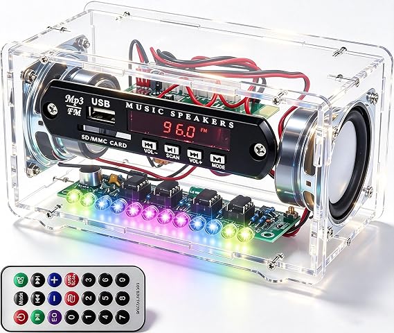 DIY Bluetooth-Compatible Speaker Electronics Kits, FM Radio Soldering Practice Kit with LED, TF/AUX/Bluetooth/USB Support, Remote Control Mini Home Sound Amplifier DIY Kit