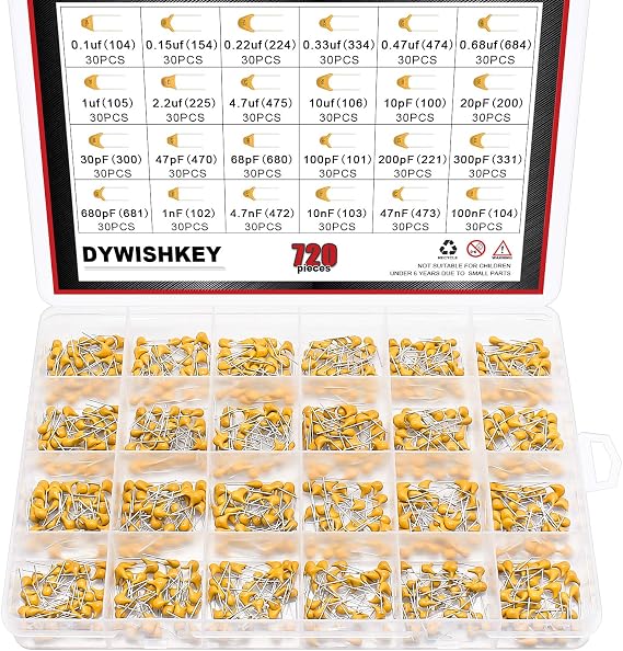DYWISHKEY 24Value 720PCS DIP Monolithic Multilayer Ceramic Chip Capacitors Assortment Kit, 0.1uF-100nF Ceramic Capacitor Set