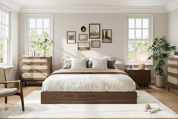Queen Size Wooden Platform Bed Frame, Floor-Standing Bed Frame with Wood Slats Support, No Box Spring Needed, Low Profile, No Headboard, Easy Assembly, for Small Bedrooms, Apartments, Walnut