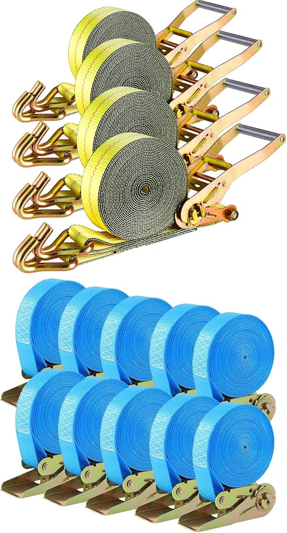 TLGREEN 4Pcs Ratchet Straps Heavy Duty Tie Down Yellow +10 Pcs Ratchet Straps Blue