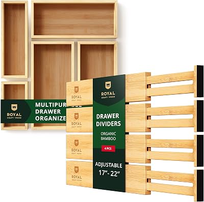 ROYAL CRAFT WOOD Adjustable Bamboo Drawer Dividers Organizers 17-22 - Multipurpose Storage Boxes 5 pcs