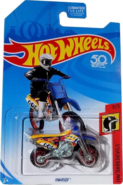 Hot Wheels 2018 50th Anniversary Yellow Motorcycle, 1:64 Scale, 3/5 in 2018 HW Daredevils Series, Kid, Male, 10 cm, 1 Count