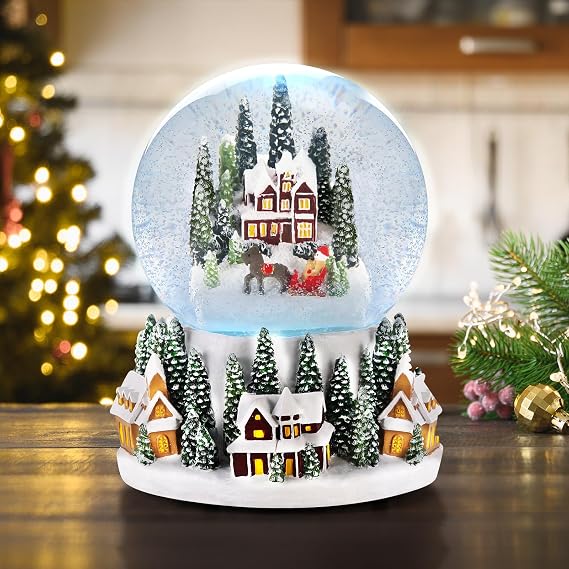 Christmas Village Snow Globe Lantern Musical Lighted Snowy Mountain Village Water Lantern with Swirling Glitter Decoration for Christmas Home, Living Room, Battery Operated