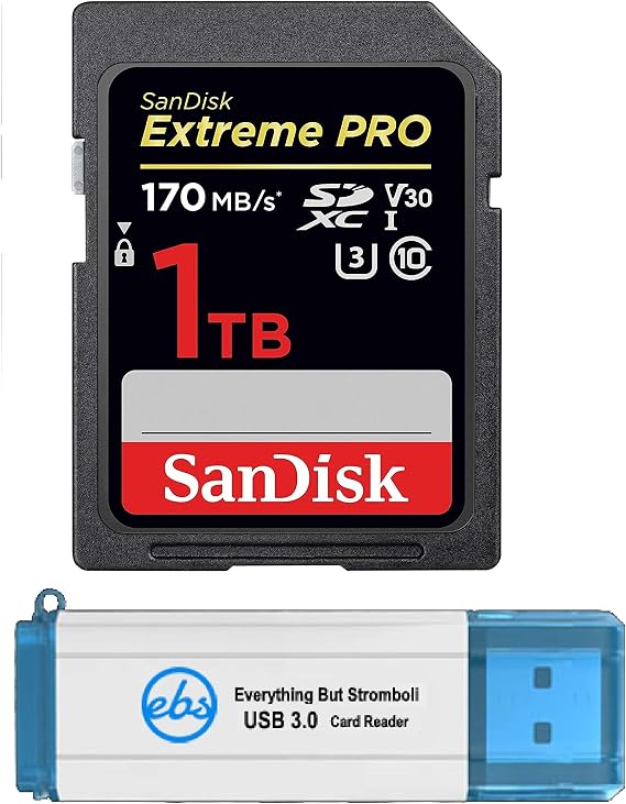 SanDisk Extreme Pro 1TB SDXC SD Memory Card Works with Canon EOS R3, EOS R5, EOS R6 Mirrorless Camera Class 10 (SDSDXXY-1T00-GN4IN) Bundle with (1) Everything But Stromboli 3.0 Micro & SD Card Reader