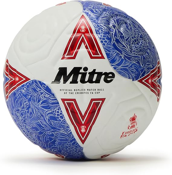 Mitre Match FA Cup Football | Soccer Ball | Training Equipment | Match Ball, White/Blue/Red, 5 UK