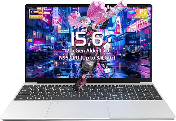15.6" Silver Laptop for Home & Study, 32GB DDR4 RAM, 1TB NVMe SSD, N95 Quad-Core Processor up to 3.4GHz, Backlit Keyboard, Fingerprint Lock