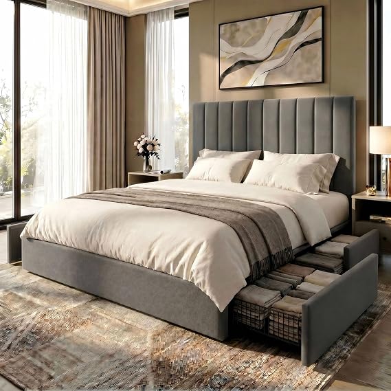 SHA CERLIN Queen Platform Bed Frame with 4 Oversized Storage Drawers