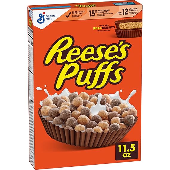 REESE'S PUFFS Breakfast Cereal, Chocolatey Peanut Butter Cereal, 11.5 oz | Made with Real Reese's Peanut Butter, 15g Whole Grain Per Serving, Good Source of Calcium, 12 Vitamins & Minerals