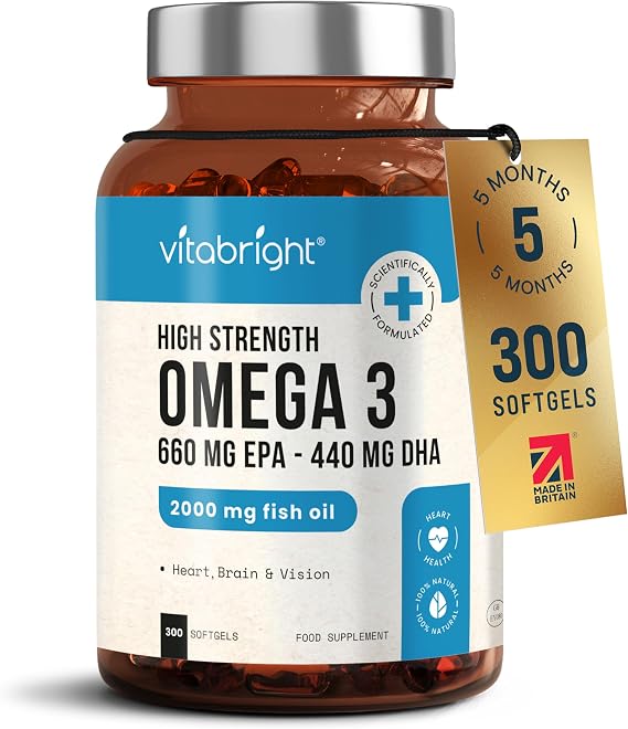 Omega 3 Fish Oil Capsules 2000mg High Strength | 660 EPA & 440 DHA | 300 Capsules 5 Months Supply | Omega 3 Supplement Alternative to Cod Liver Oil | VitaBright