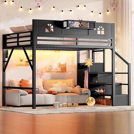 Full Size Loft Bed with Stairs & Storage, Heavy-Duty Metal Loft Bed Queen with Wardrobe, Charging Station & LED Lights,Guardrail and Large Under Bed Space, High Lofts Beds for Adults Teens, Black