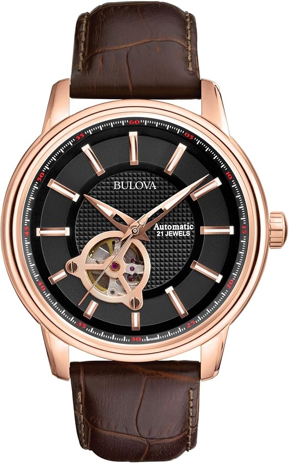 Bulova Men's Classic 3-Hand Automatic Leather Strap Watch, 21-Jewels, Hack Feature, Luminous Hands and Markers,Open Aperture and Exhibition Case Back