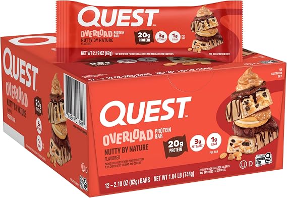 Quest Nutrition Overload Protein Bars, Nutty by Nature Flavored Protein Bars, 20g Protein, 1g Sugar, 3g Net Carbs, Gluten Free, 12 Count