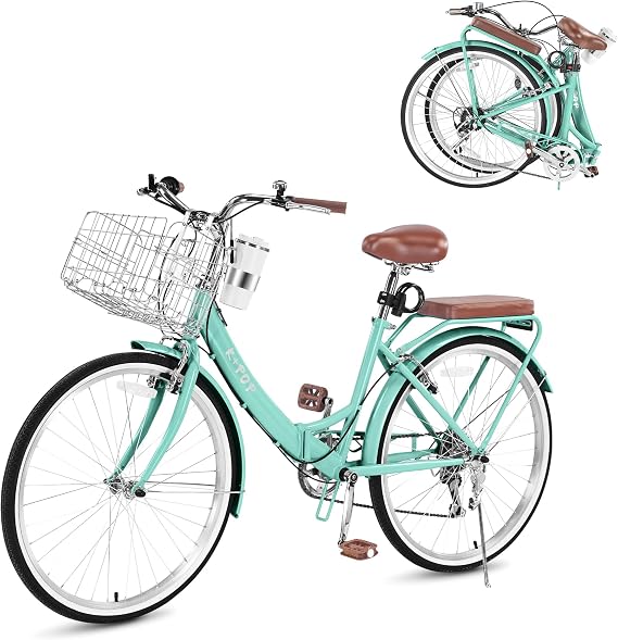 24/26 Inch Folding Beach Cruiser Bike for Women, 7-Speed Foldable Bicycle with Basket & Cup Holder, Adult Commuter Bike with Adjustable Seat, Dual V-Brake System