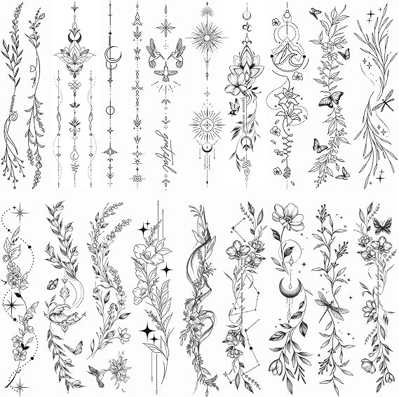 Temporary Tattoos For Women Girls-24 Sheets Branch Flower Leaf Wild Plants Sketch Realistic Long-lasting Tattoo Stickers Waterproof Tattoo Sets for Arm Collarbone Leg Backbone Body Art