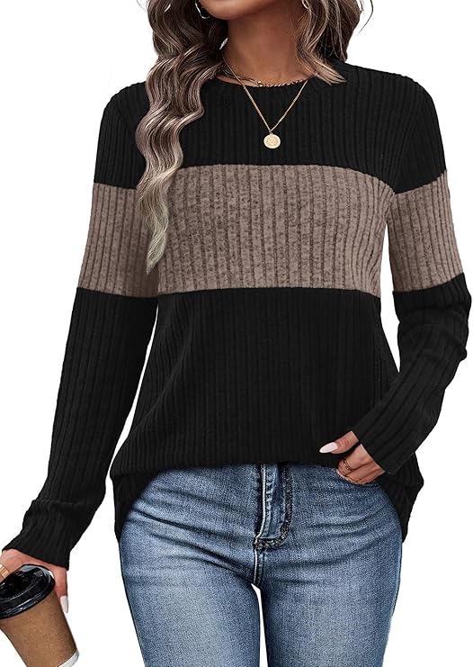 WIHOLL Womens Sweaters Trendy Color Block Tops Long Sleeve Shirts Fall Outfits Early Fall Fashion 2026 Winter Clothing