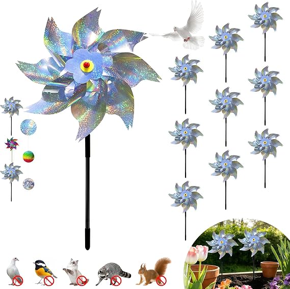 Bird Deterrent Windmill for Garden,10 Pack Reflective Pinwheels Bird Repellent Devices for Gardens Outdoor Balcony, Patio, Farm, Orchard