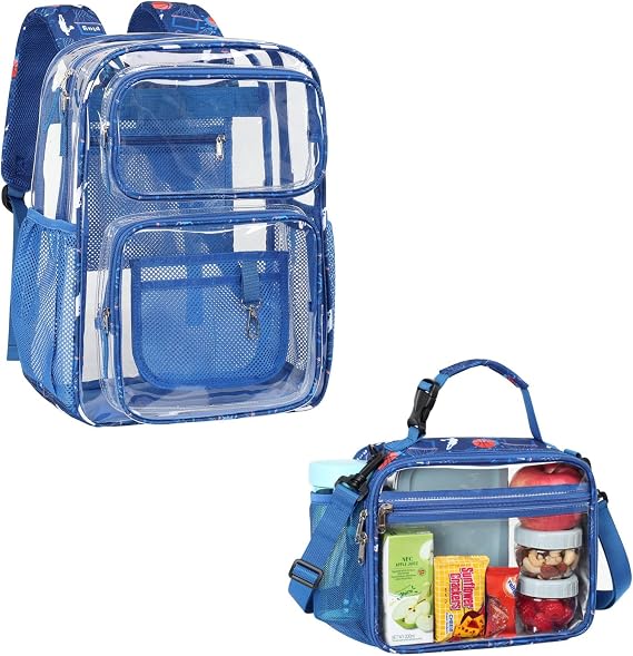 PACKISM 17 Inch Large Clear Backpacks for School Bundle with Reusable Clear Lunch Bag, See Through PVC Transparent Back to School Set, Blue(Age 12+)"