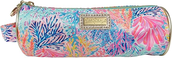 Lilly Pulitzer Cute Zipper Pouch, Splashdance | Colorful Pencil Case with Zip Closure for Office Supplies, Small Slim Travel Bag with Carrying Loop Handle and Gold Details