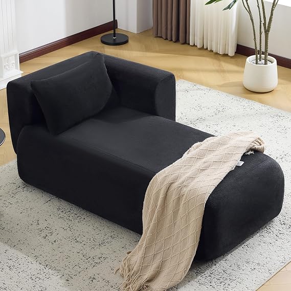Bezseller Upholstered Chaise Lounge Indoor with Pillows, Black | Comfy Lounge Boucle Sofa, Modern Leisure Sleeper Sofa, Recliner Chair Indoor for Living Room Bedroom Office