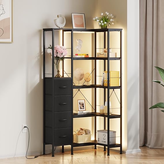 Corner Bookshelf Unit with 4 Fabric Drawers & LED Light, 5-Tier, Black | Corner Bookcase, Tall Large Corner Shelf Unit, L Shaped Shelving Unit, Floor Standing, for Living Room Bedroom Office