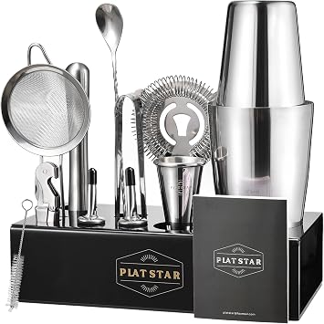 Mixology Bartender Kit with Stand, Home Bar Set Cocktail Shakers Bartending Kit, Bar Tools Boston Shaker Set, Professional Drink Mixing Martini Making Barware with Recipe Book