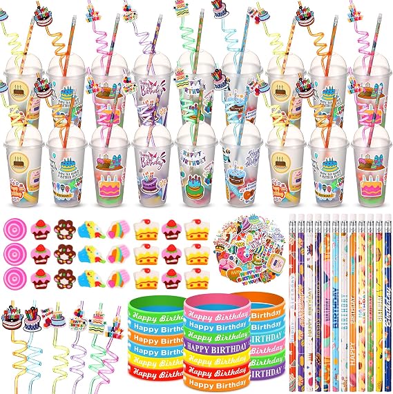 Baderke 24 Sets Birthday Gifts Party Favors Set Include Reusable Cups with Dome Lids Straw Decoration Pencil Heart Eraser Silicone Bracelet Stickers (Style A)