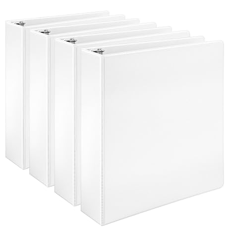 Amazon Basics 3 Ring Binders, 2 Inch, D-Ring Organizer for School, Home Office, White, 4 Pack