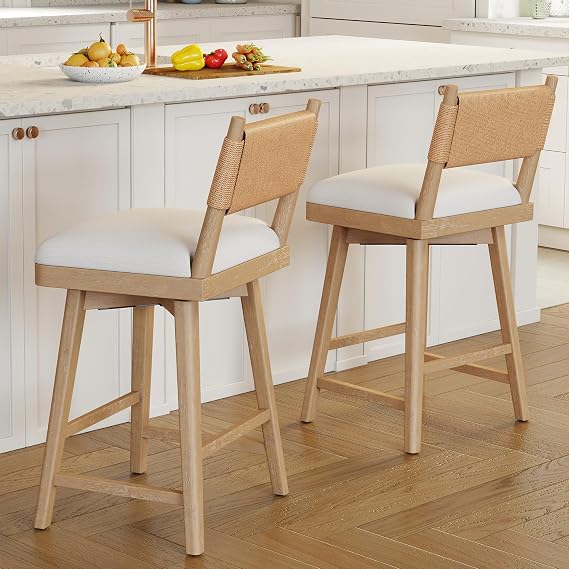 Kmax Kitchen Island bar stools Set of 2, Swivel Counter Height bar stools, Farmhouse Wooden upholstered bar Chairs 26 inch Kitchen stools with Woven Back- Fabric, Natural Back
