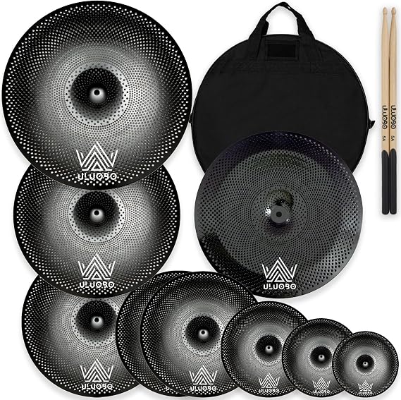 Low Volume Cymbal Pack, Silent Cymbals, Quiet Cymbals Set for Drummer Practice, 6/8/10''Spalsh+14''Hihat+16"Crash+18''Crash+18''China+20"Ride, 9 Pieces, Black