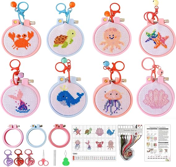 VIGEGU 8 Pack Stamped Cross Stitch Kits for Kids Beginners with Frame | Marine Animals Partial 11CT Cross-Stitch,DIY Arts and Crafts for Kids,Craft for Girl 8-12 Embroidery Kit for Beginner 3x3 in