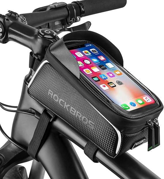ROCKBROS Bike/Bicycle Phone Front Frame Bag, Waterproof, Tube Cycling Pouch | E-Bike Accessories for Men Women Compatible Phone Under 7 Straps Fit All Frames