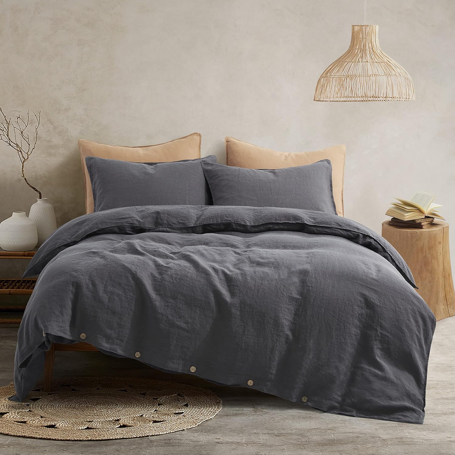 ATLINIA Bedding Duvet Cover Set Linen - 100% French Flax Washed Bed Sets Farmhouse Comforter Cover Set 1 Duvet Cover and 2 Pillow Shams Queen Size Dark Grey