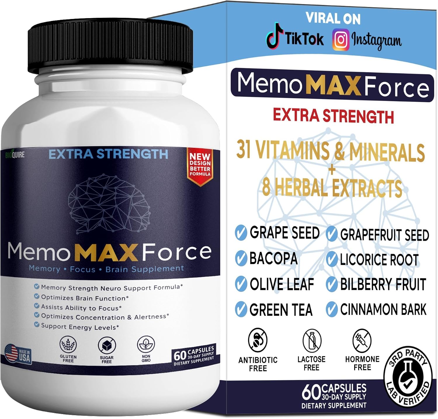 MemoMAX Force Extra Strength Brain Supplement, 60 Capsules, Memory Focus Support with Vitamins and Minerals 1